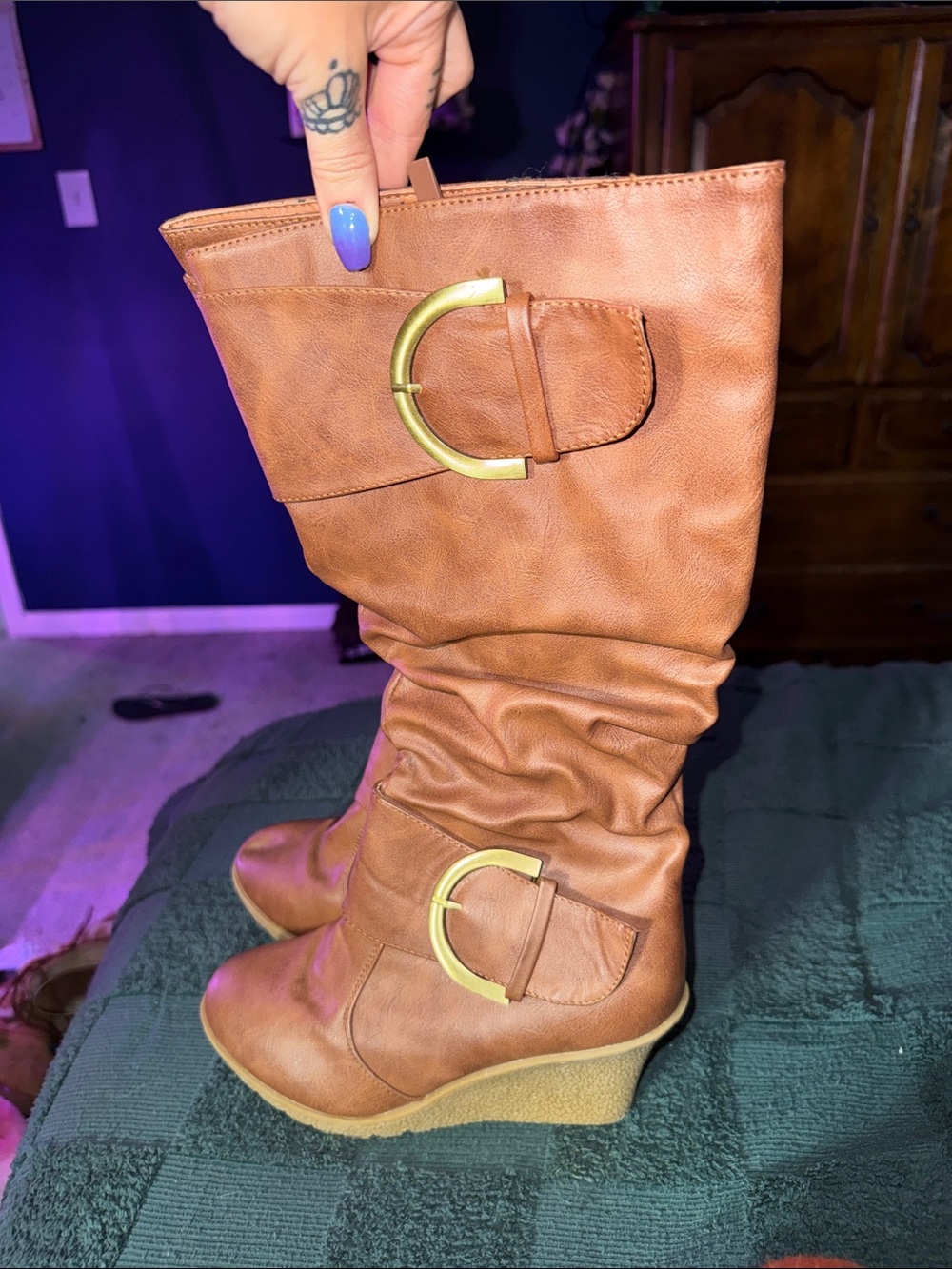 TOP Moda Tan Wedge Mid-Calf Boots with Gold Buckles